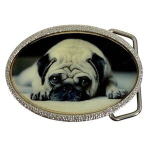 Vintage Pug Dog Oval Belt Buckle w/ Silver Tone Hammered Metal Trim 2.85" x 2"
